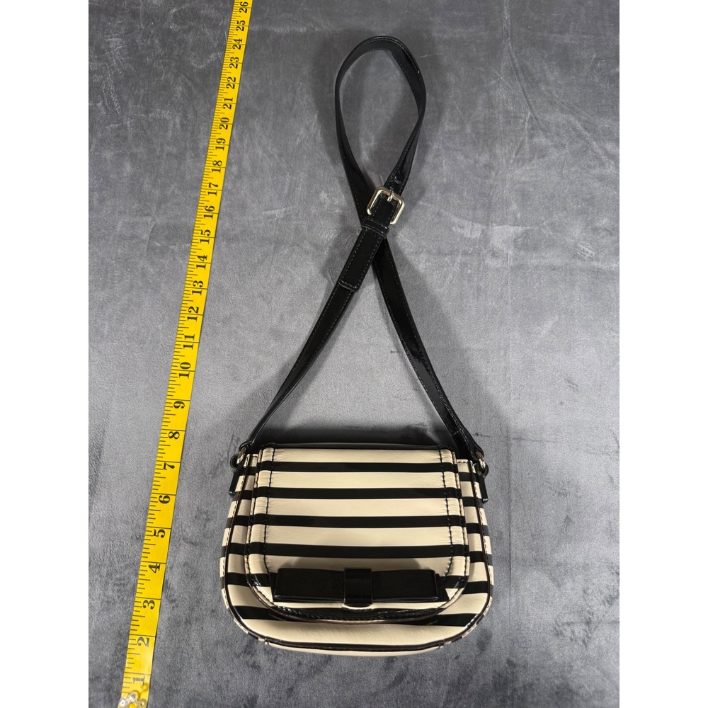 Kate Spade Crossbody Bag Women Small Black Cream Striped Bow Patent Leather